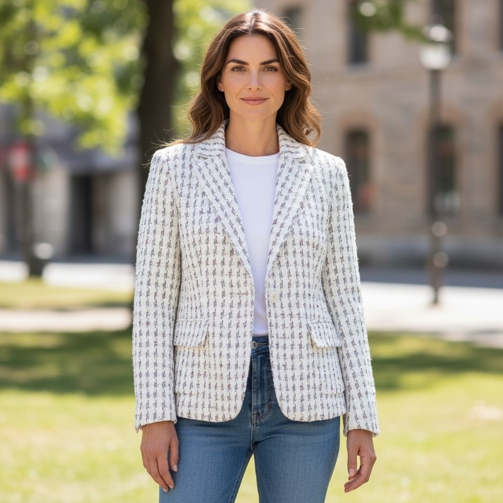 HARLAN Women's Ivory Tweed Blazer Jacket‎ Sz 10 Embroidered Chain 4 Button Up